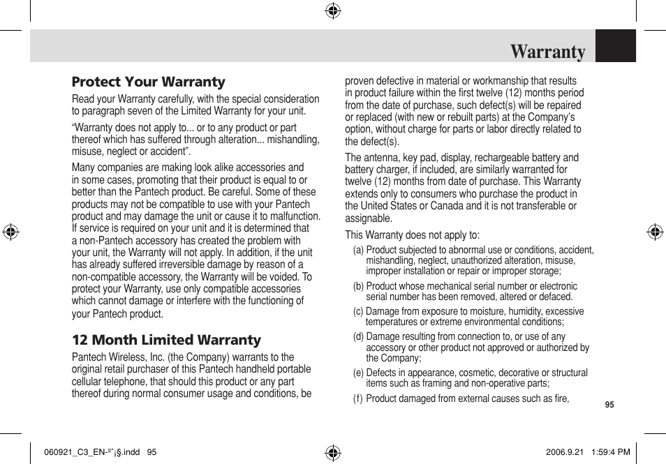 Warranty, Protect your warranty, 12 month limited warranty | Pantech C3 User Manual | Page 96 / 97