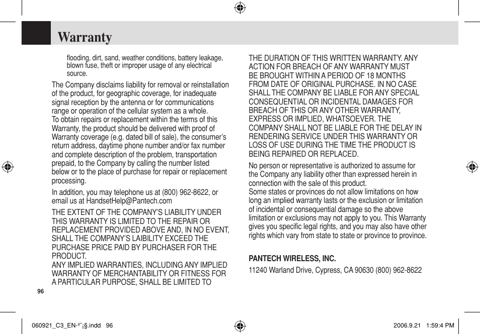 Warranty | Pantech C3 User Manual | Page 97 / 97