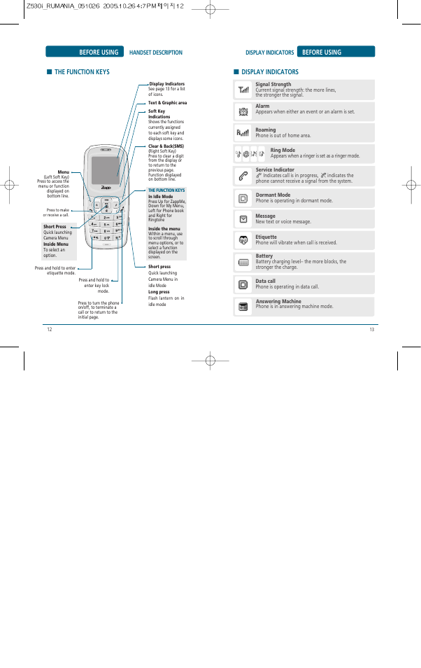 Before using, Hdisplay indicators, Before using h the function keys | Pantech Z530i User Manual | Page 7 / 55