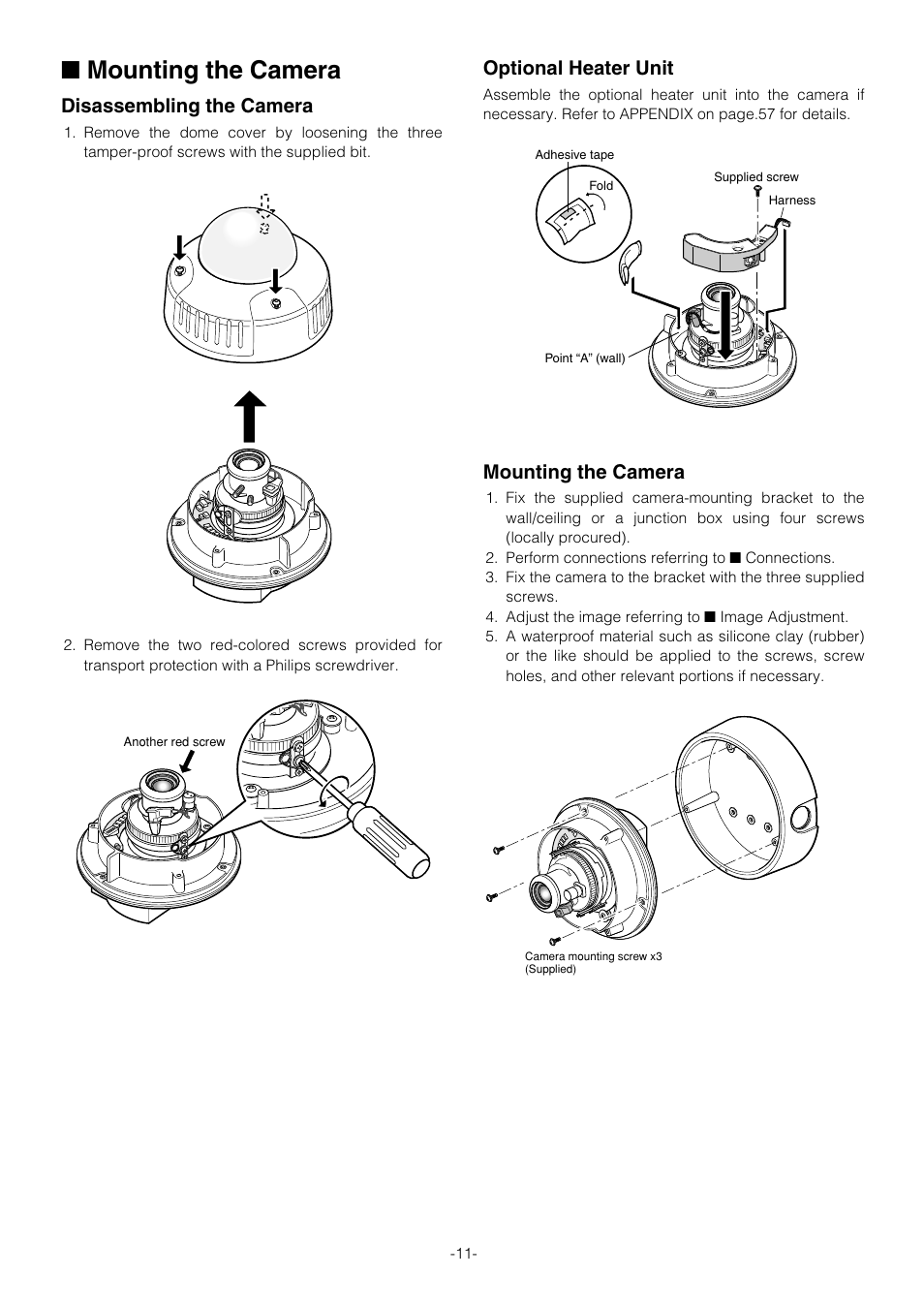 Mounting the camera, Disassembling the camera, Optional heater unit | Pantech WV-NW474S User Manual | Page 11 / 58