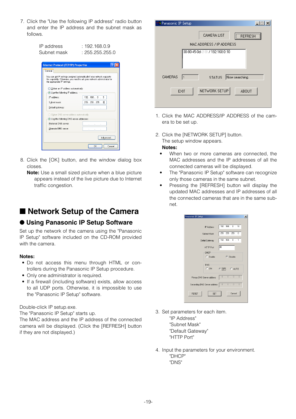 Network setup of the camera, Using panasonic ip setup software | Pantech WV-NW474S User Manual | Page 19 / 58
