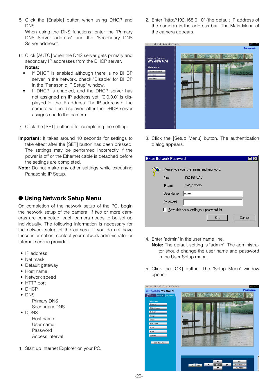 Using network setup menu | Pantech WV-NW474S User Manual | Page 20 / 58