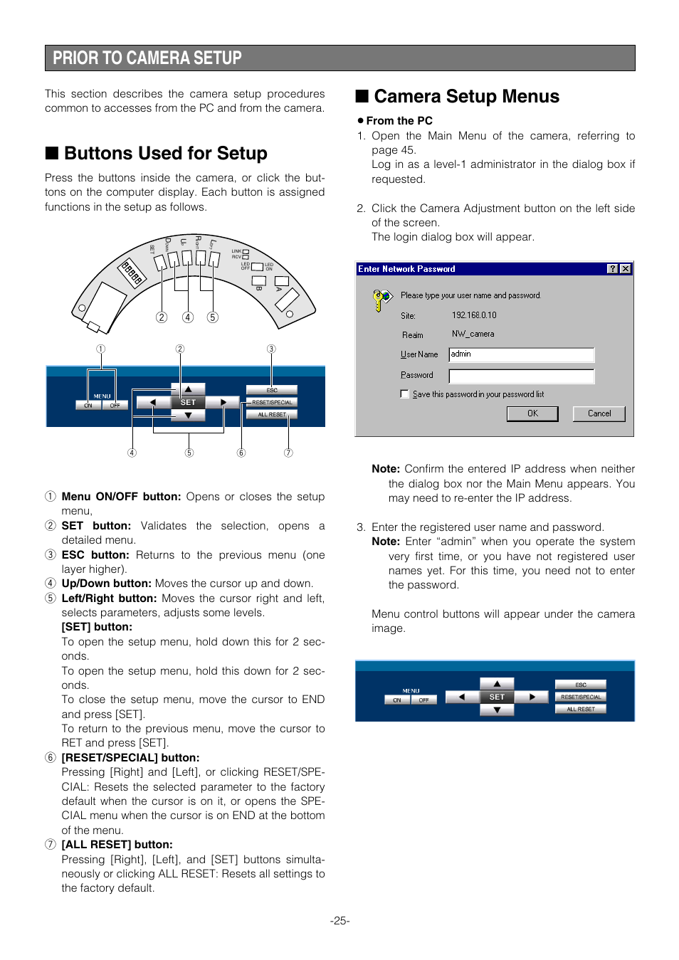 Prior to camera setup, Buttons used for setup, Camera setup menus | Prior to camera setup ■ camera setup menus | Pantech WV-NW474S User Manual | Page 25 / 58