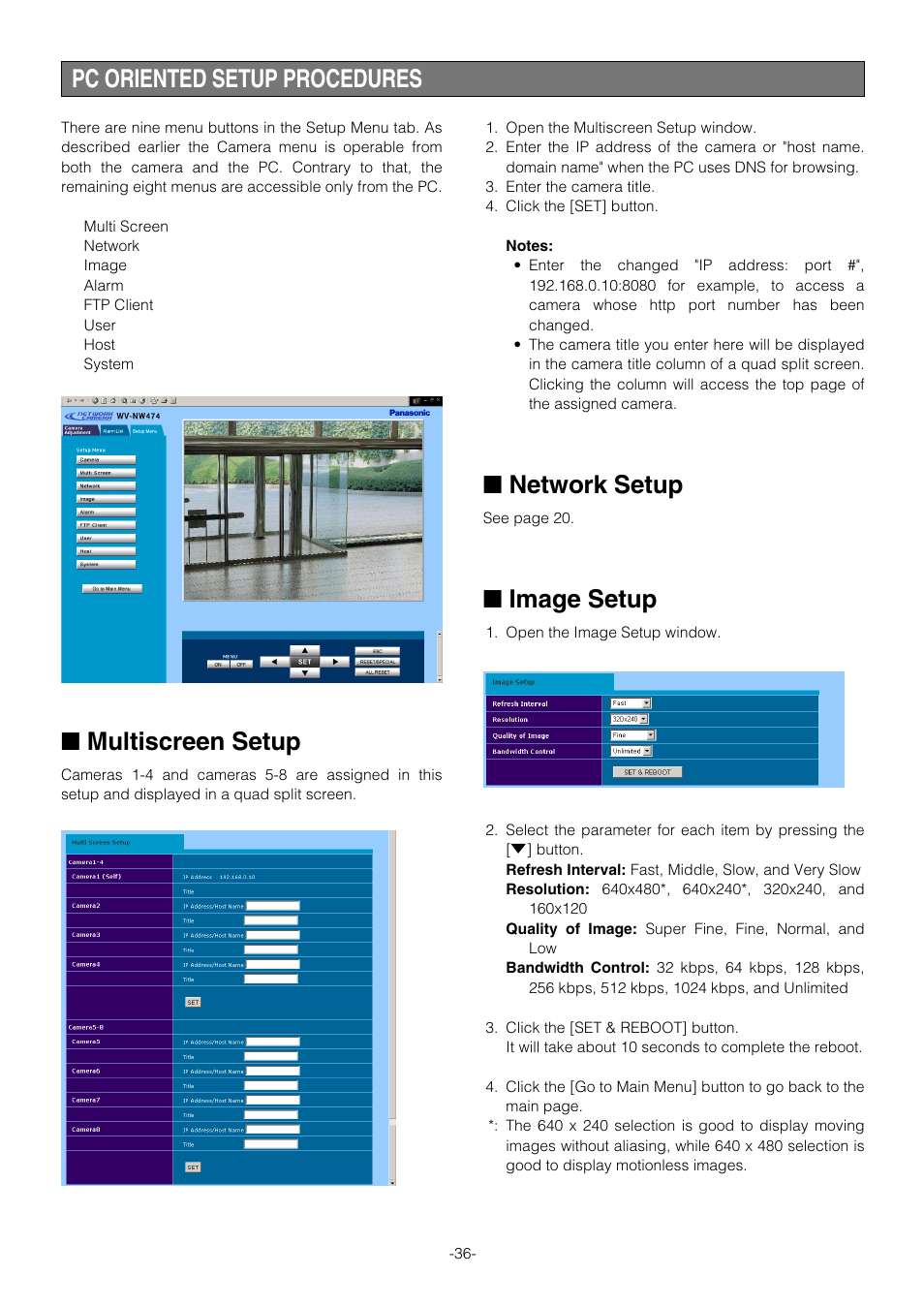 Network setup, Image setup, Multiscreen setup | Pc oriented setup procedures | Pantech WV-NW474S User Manual | Page 36 / 58