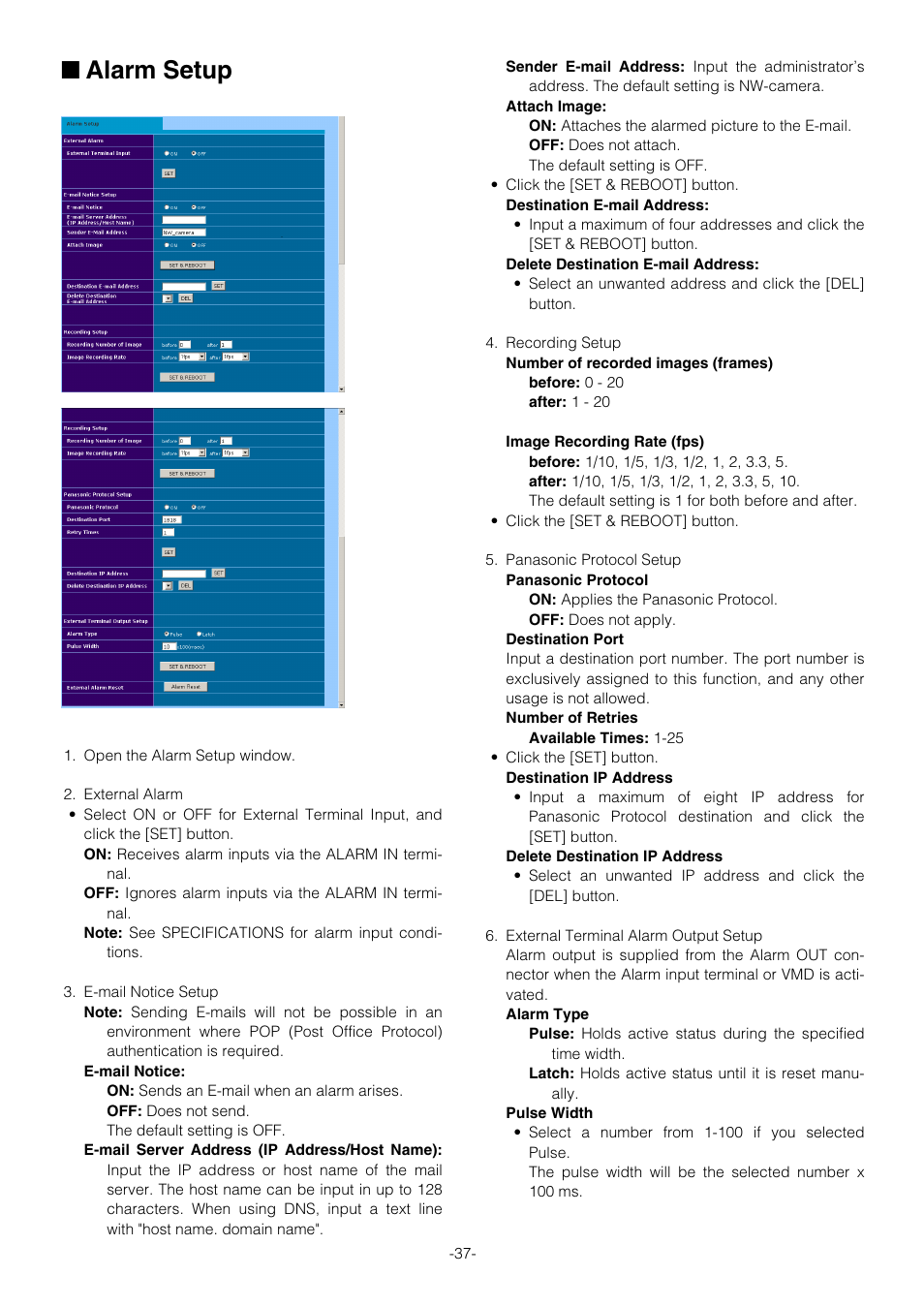 Alarm setup | Pantech WV-NW474S User Manual | Page 37 / 58