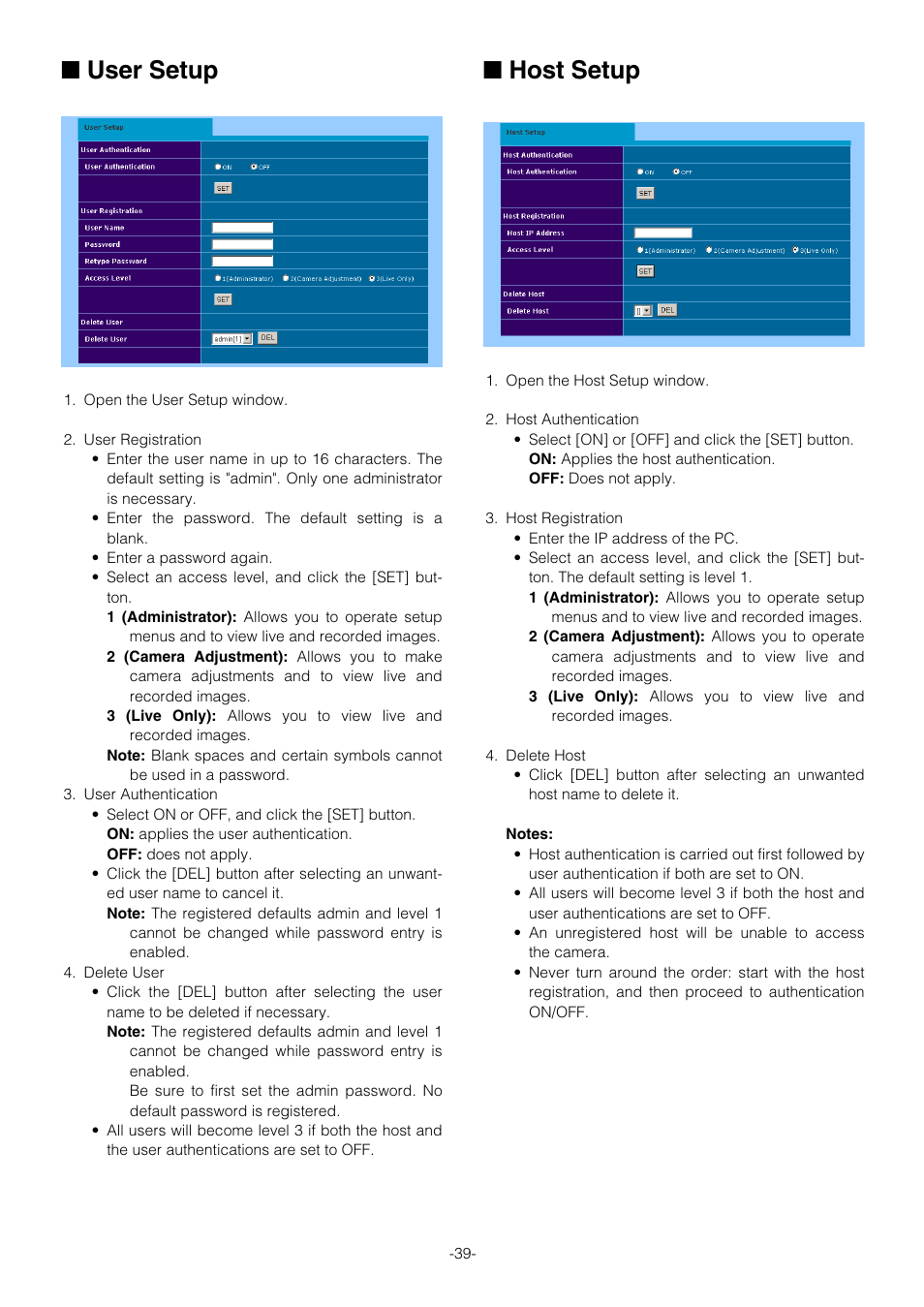 User setup, Host setup | Pantech WV-NW474S User Manual | Page 39 / 58