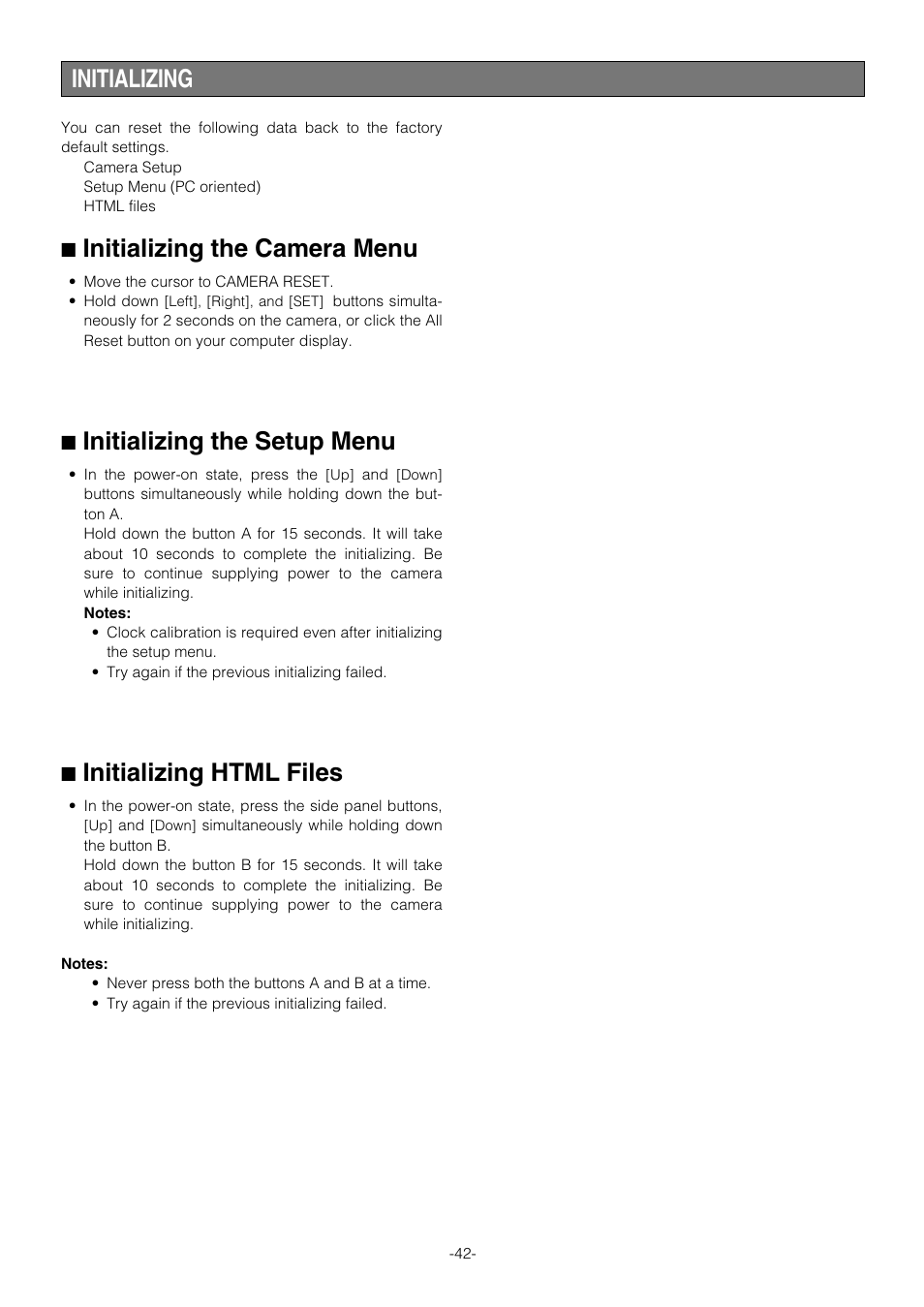 Initializing, Initializing the camera menu, Initializing the setup menu | Initializing html files | Pantech WV-NW474S User Manual | Page 42 / 58