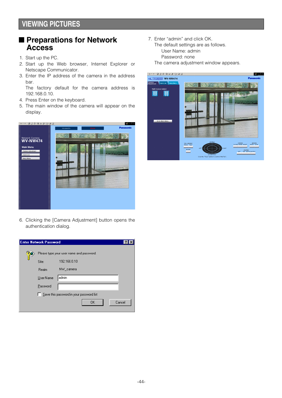 Preparations for network access, Viewing pictures | Pantech WV-NW474S User Manual | Page 44 / 58