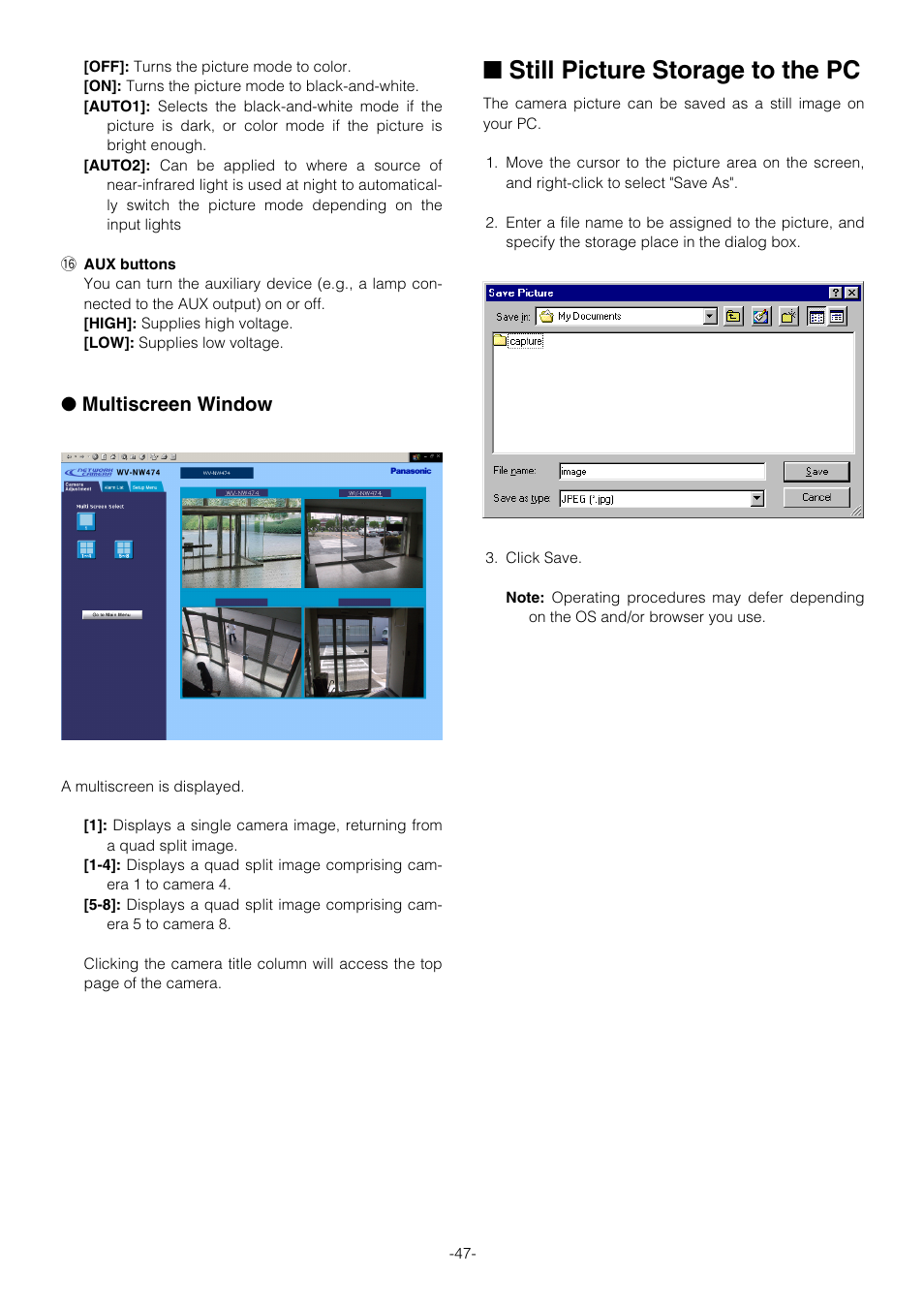 Still picture storage to the pc, Multiscreen window | Pantech WV-NW474S User Manual | Page 47 / 58
