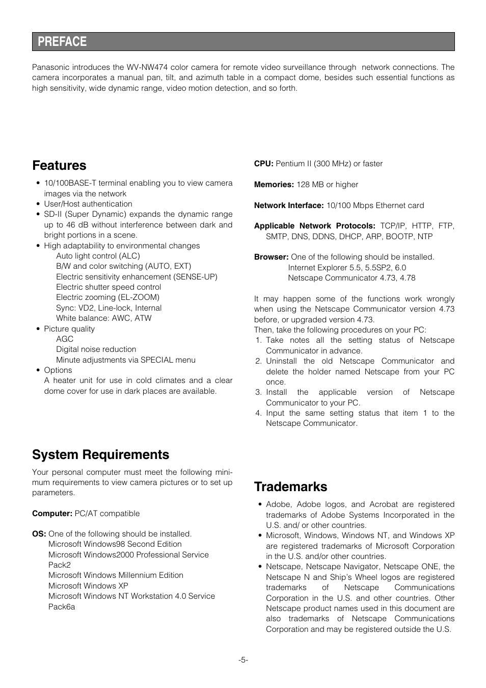 Features, System requirements, Trademarks | Preface | Pantech WV-NW474S User Manual | Page 5 / 58