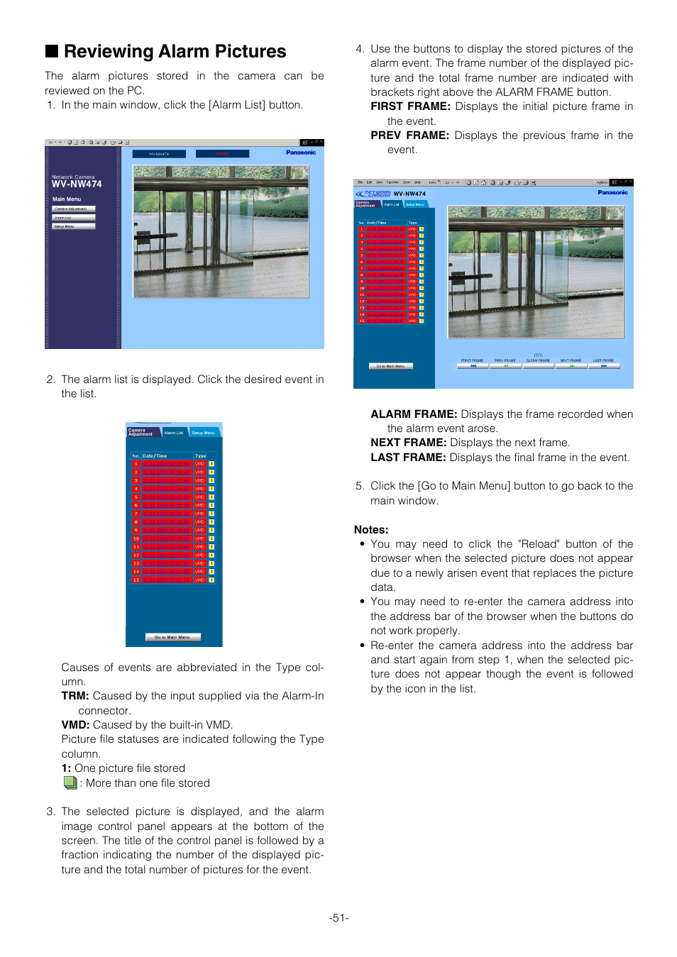 Reviewing alarm pictures | Pantech WV-NW474S User Manual | Page 51 / 58