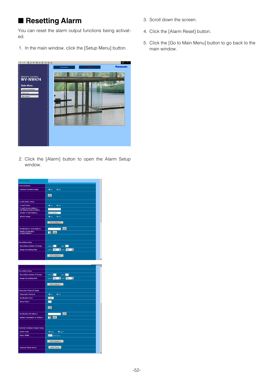 Resetting alarm | Pantech WV-NW474S User Manual | Page 52 / 58