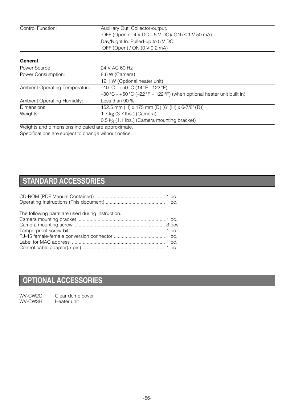 Standard accessories, Optional accessories | Pantech WV-NW474S User Manual | Page 56 / 58