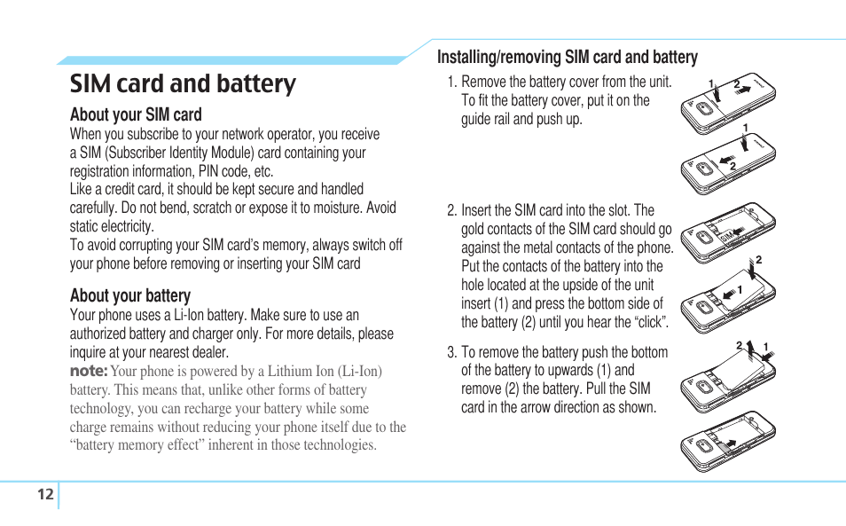 Sim card and battery | Pantech C630 User Manual | Page 12 / 84