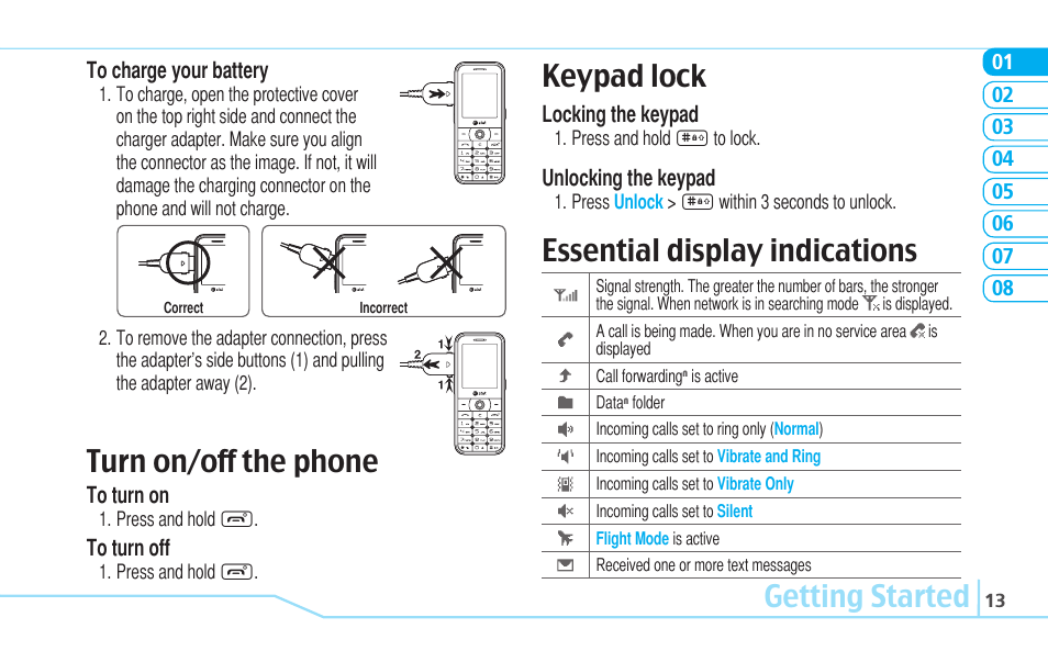 Getting started keypad lock, Essential display indications, Turn on/off the phone | Pantech C630 User Manual | Page 13 / 84