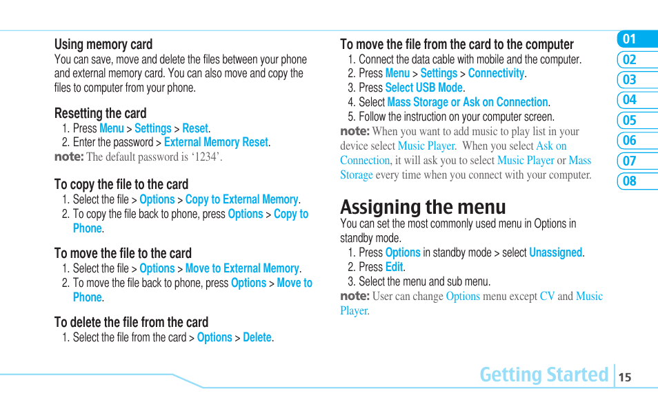 Getting started, Assigning the menu | Pantech C630 User Manual | Page 15 / 84