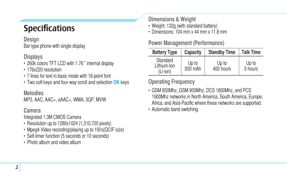 Speciﬁcations | Pantech C630 User Manual | Page 2 / 84