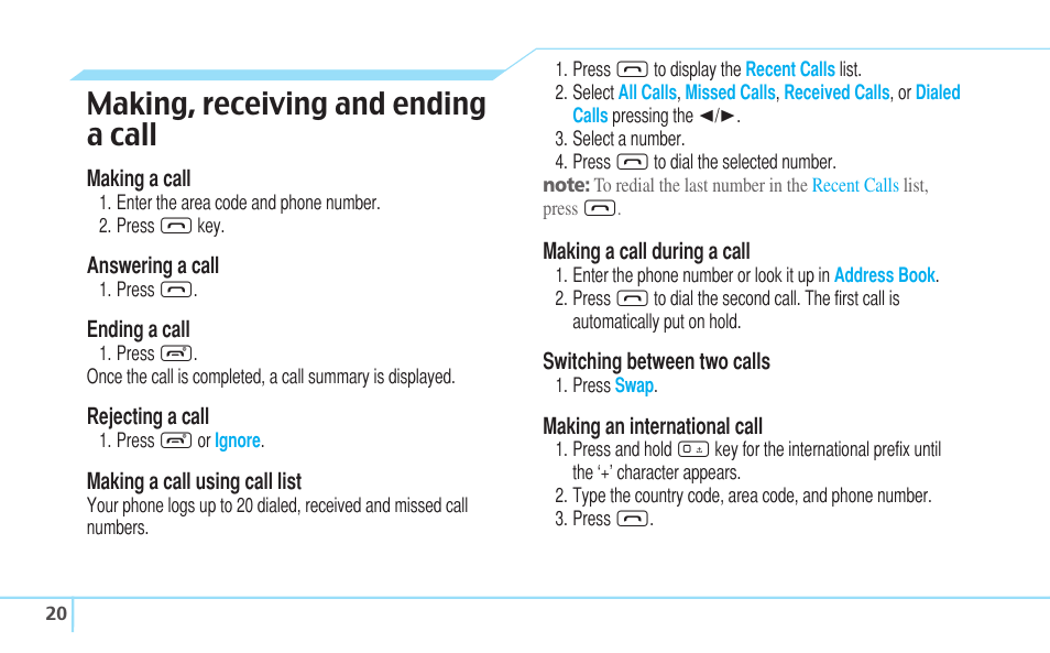 Making, receiving and ending a call | Pantech C630 User Manual | Page 20 / 84