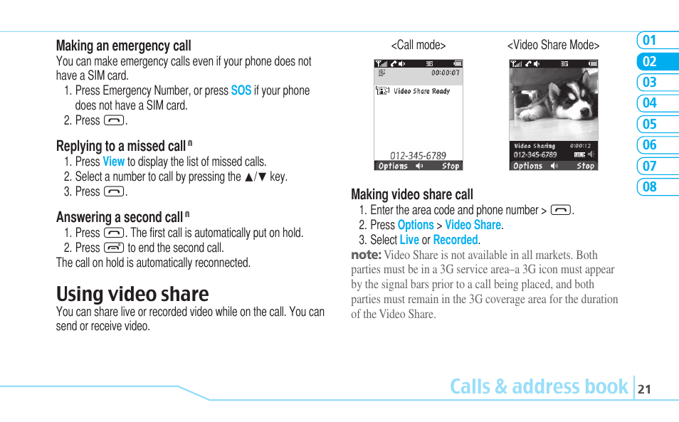 Calls & address book, Using video share | Pantech C630 User Manual | Page 21 / 84