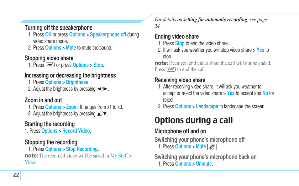 Options during a call | Pantech C630 User Manual | Page 22 / 84