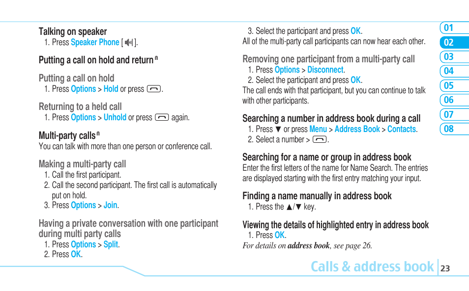 Calls & address book | Pantech C630 User Manual | Page 23 / 84