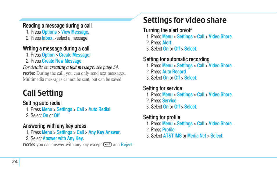 Call setting, Settings for video share | Pantech C630 User Manual | Page 24 / 84