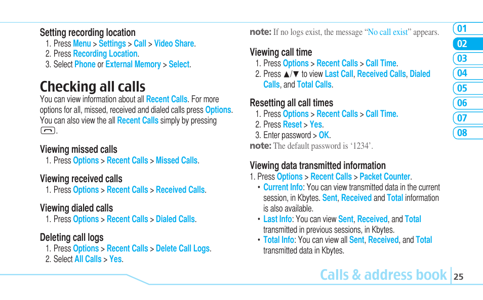 Calls & address book, Checking all calls | Pantech C630 User Manual | Page 25 / 84