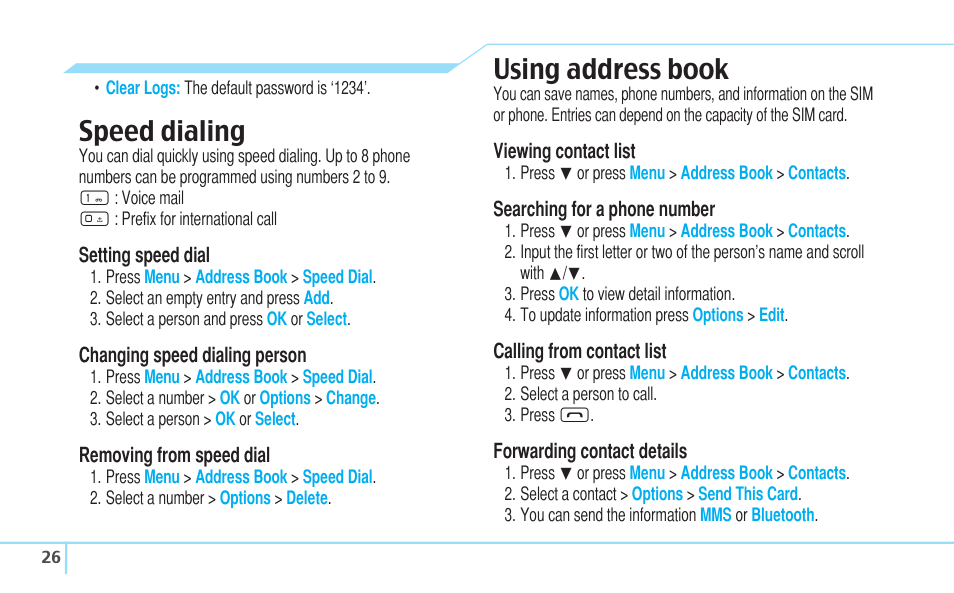 Speed dialing, Using address book | Pantech C630 User Manual | Page 26 / 84