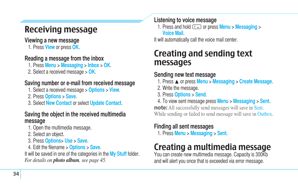 Receiving message, Creating and sending text messages, Creating a multimedia message | Pantech C630 User Manual | Page 34 / 84