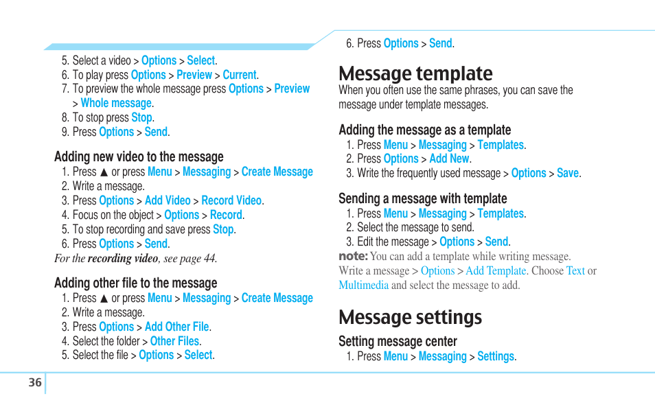 Message template, Message settings | Pantech C630 User Manual | Page 36 / 84