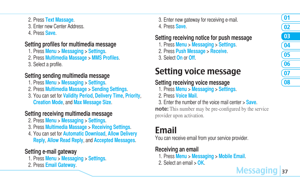 Messaging, Setting voice message, Email | Pantech C630 User Manual | Page 37 / 84