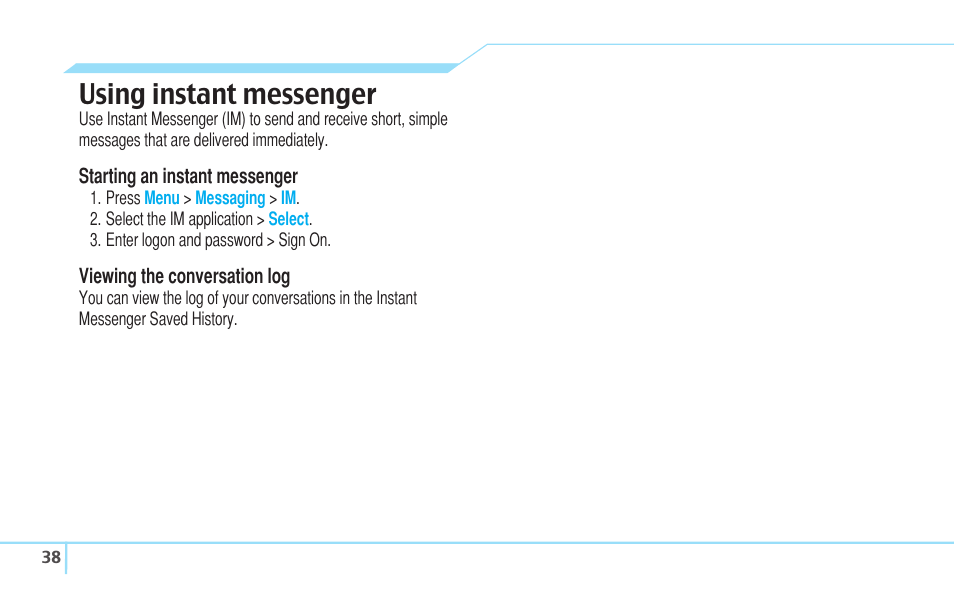 Using instant messenger | Pantech C630 User Manual | Page 38 / 84