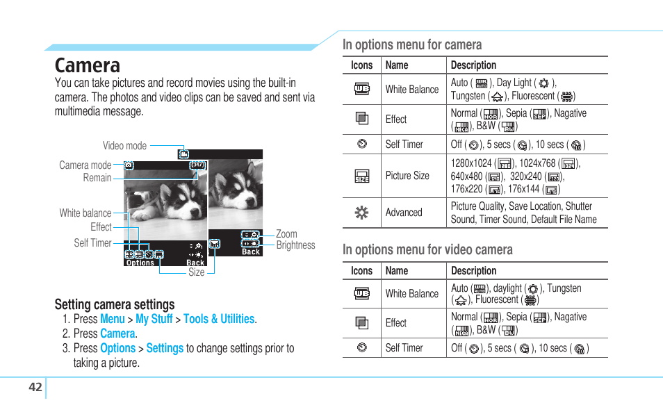 Camera | Pantech C630 User Manual | Page 42 / 84