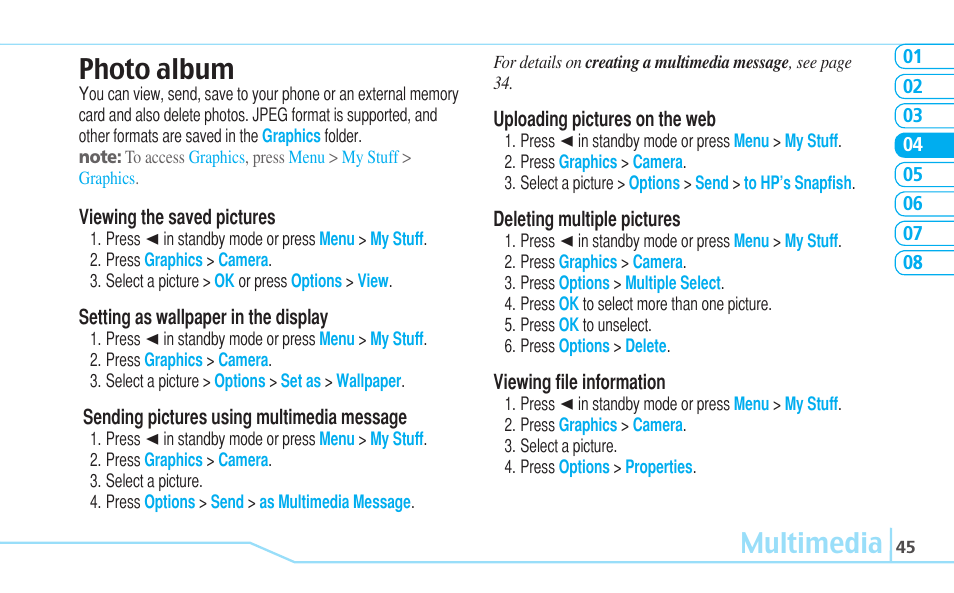 Multimedia photo album | Pantech C630 User Manual | Page 45 / 84