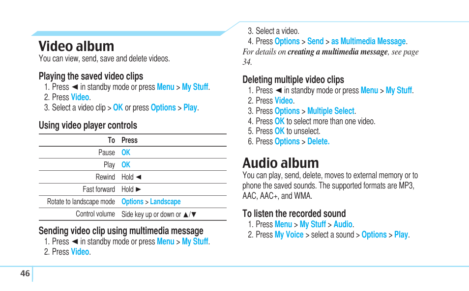 Video album, Audio album | Pantech C630 User Manual | Page 46 / 84