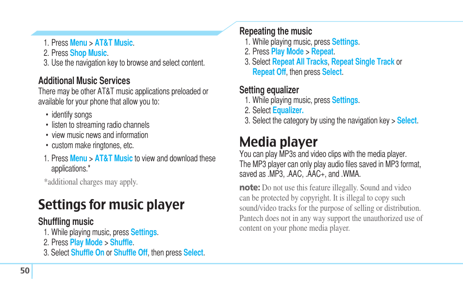 Settings for music player, Media player | Pantech C630 User Manual | Page 50 / 84