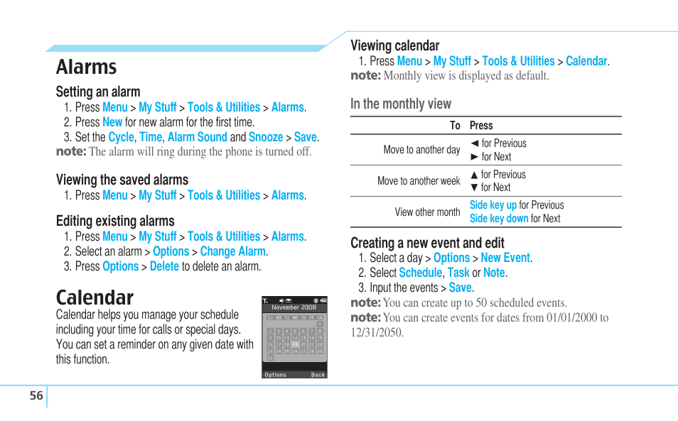 Alarms, Calendar | Pantech C630 User Manual | Page 56 / 84