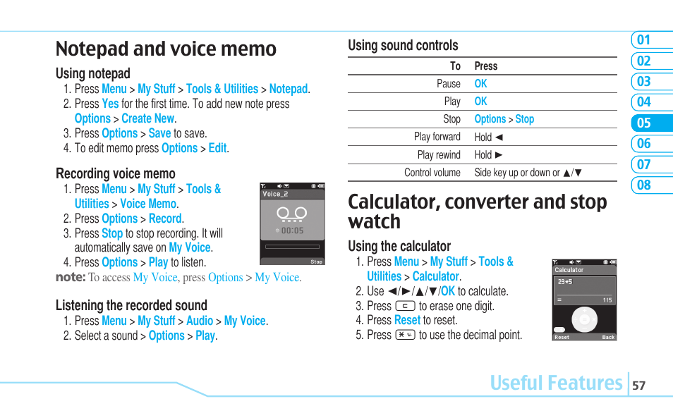 Useful features, Calculator, converter and stop watch | Pantech C630 User Manual | Page 57 / 84