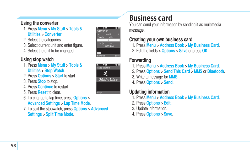 Business card | Pantech C630 User Manual | Page 58 / 84