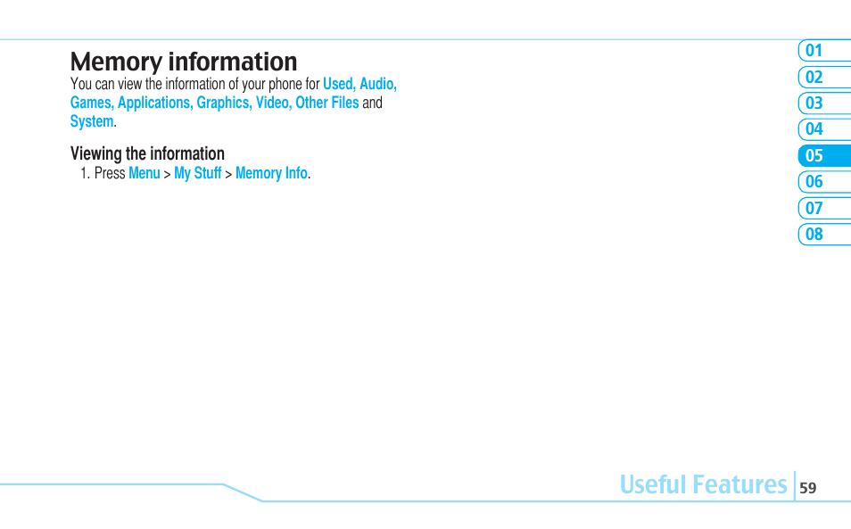 Useful features | Pantech C630 User Manual | Page 59 / 84