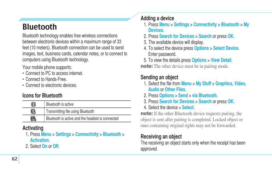 Bluetooth | Pantech C630 User Manual | Page 62 / 84