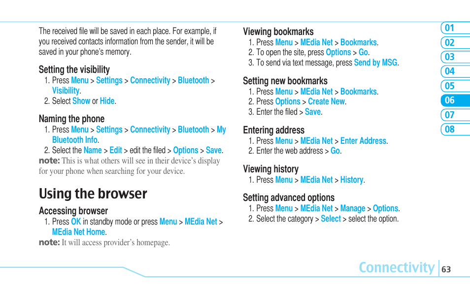 Connectivity, Using the browser | Pantech C630 User Manual | Page 63 / 84