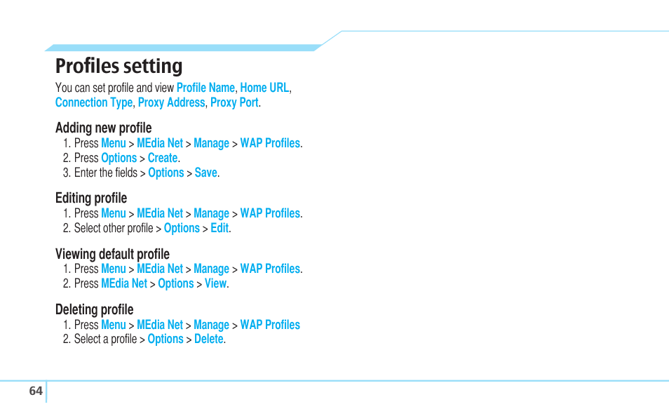 Proﬁles setting | Pantech C630 User Manual | Page 64 / 84