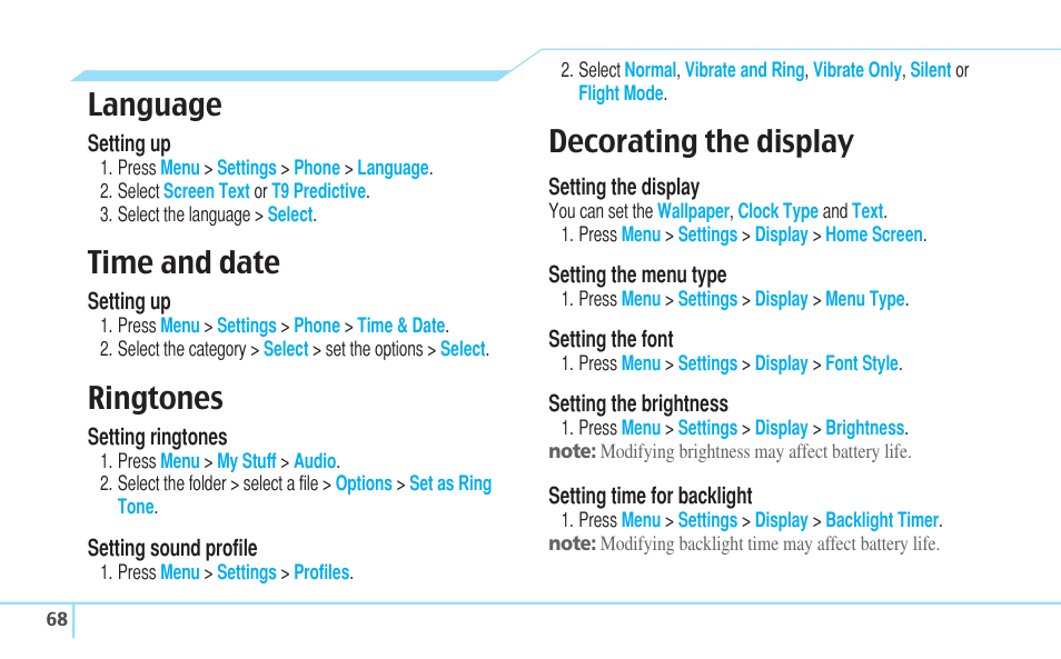 Language, Time and date, Ringtones | Decorating the display | Pantech C630 User Manual | Page 68 / 84