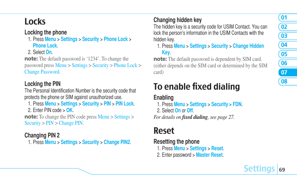 Settings locks, Reset | Pantech C630 User Manual | Page 69 / 84