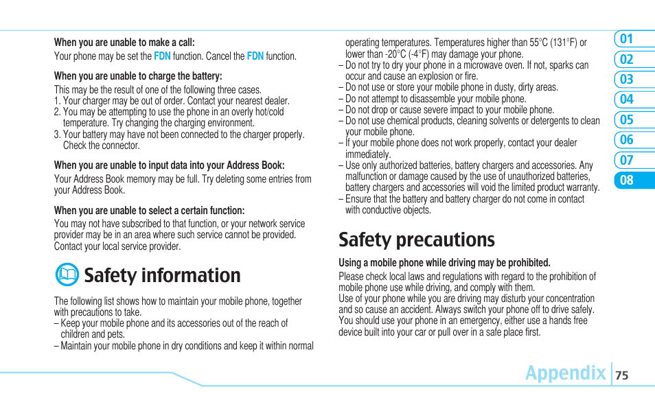 Appendix, Safety information, Safety precautions | Pantech C630 User Manual | Page 75 / 84