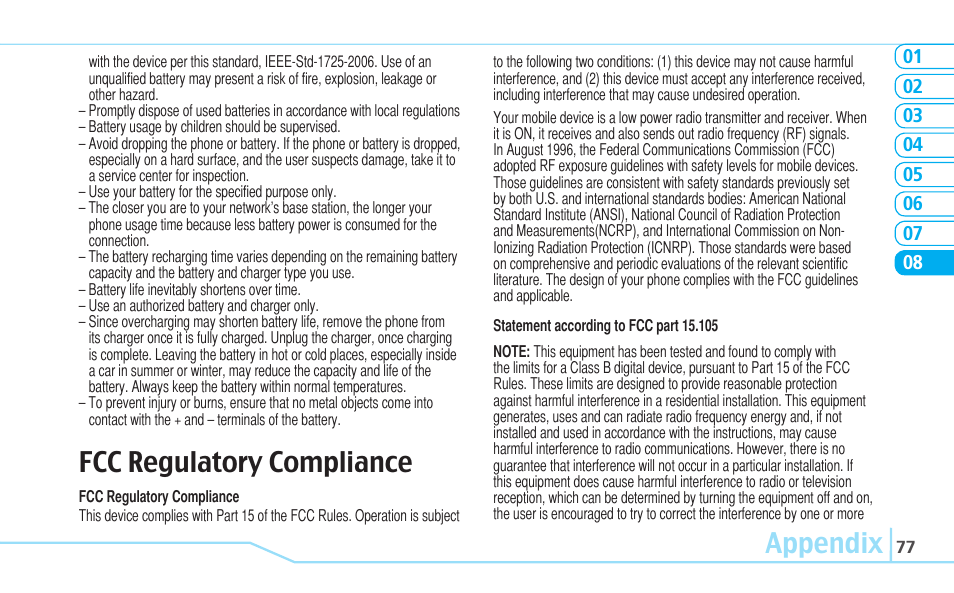 Appendix, Fcc regulatory compliance | Pantech C630 User Manual | Page 77 / 84