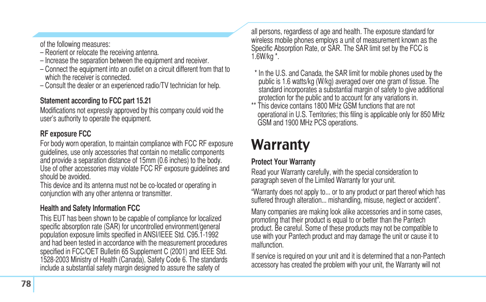 Warranty | Pantech C630 User Manual | Page 78 / 84