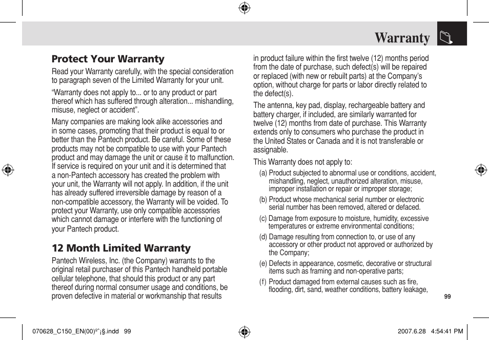 Warranty, Protect your warranty, 12 month limited warranty | Pantech C150 User Manual | Page 100 / 101