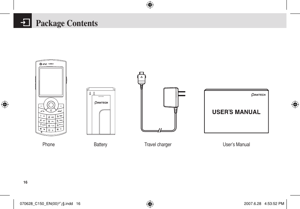 Package contents | Pantech C150 User Manual | Page 17 / 101